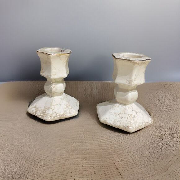 Vintage PartyLite Set of 2 Tan Gold And Beige Marble Look Candlestick Holders - Picture 2 of 6